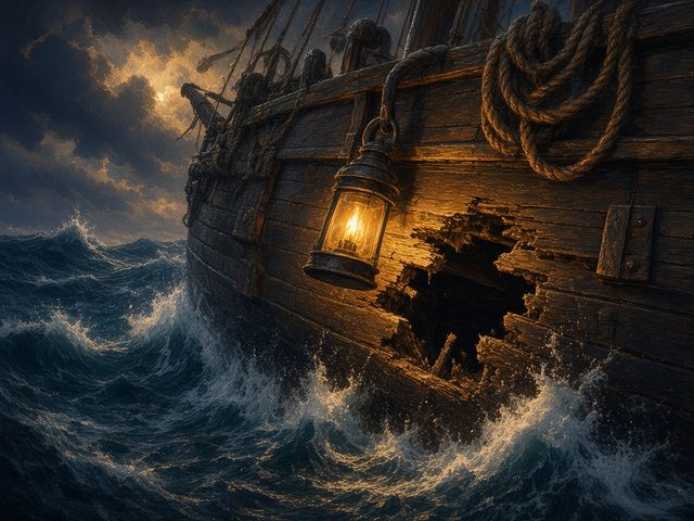 Lantern lighting a breach in a ship hull