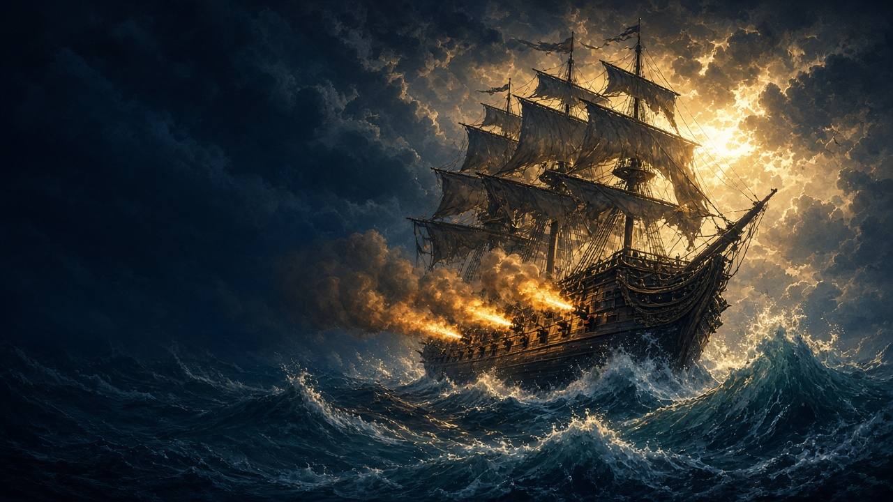 A tall ship firing its cannons through a storm as sunlight breaks through the clouds