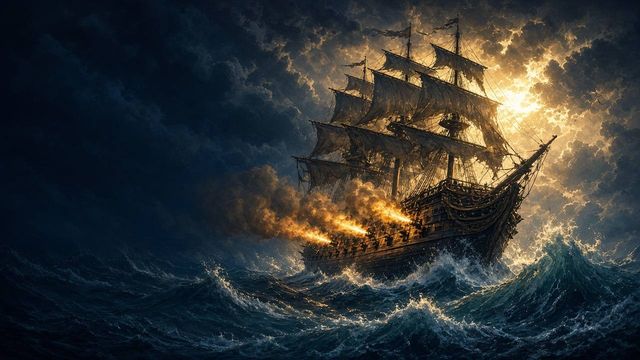 Galleon riding out a storm at night