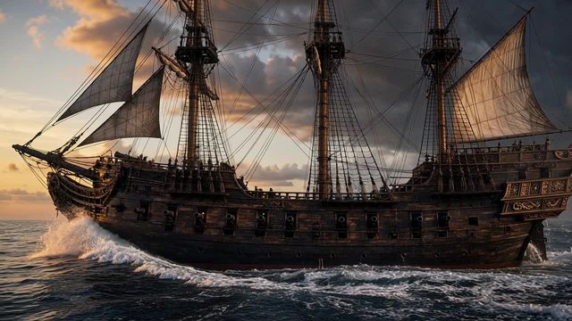 Galleon under sail at dusk as the storm clears